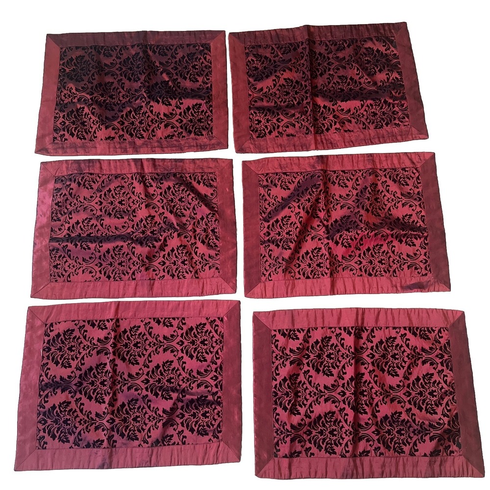 Damask Flocking Taffeta Christmas & Twigs Burgundy Set of 6 Placemats